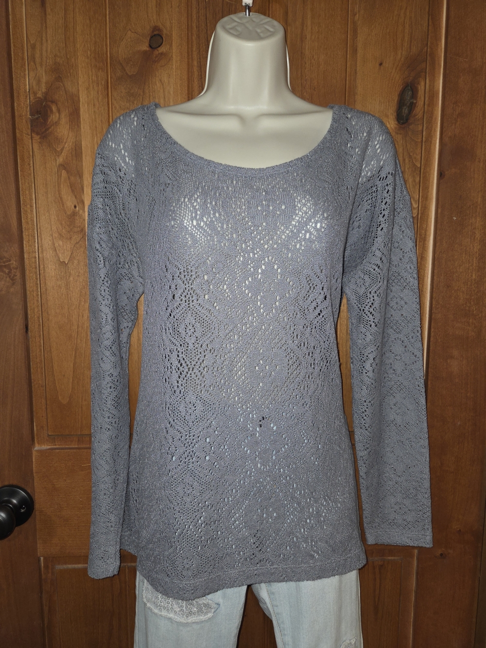 Kenar Light Gray Crochet Scoop Neck Sweater